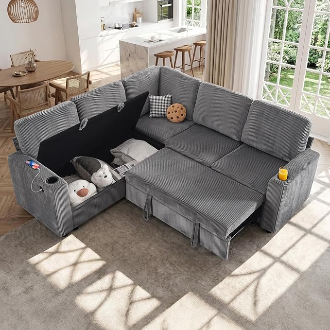 83 Sleeper Couch with Pull Out Sofa Bed 5-Seater Sectional Couches for Living Room L-Shaped Couch with Storage USB Port &amp Cup Holder Corduroy Convertible Corner Sofa for Apartment