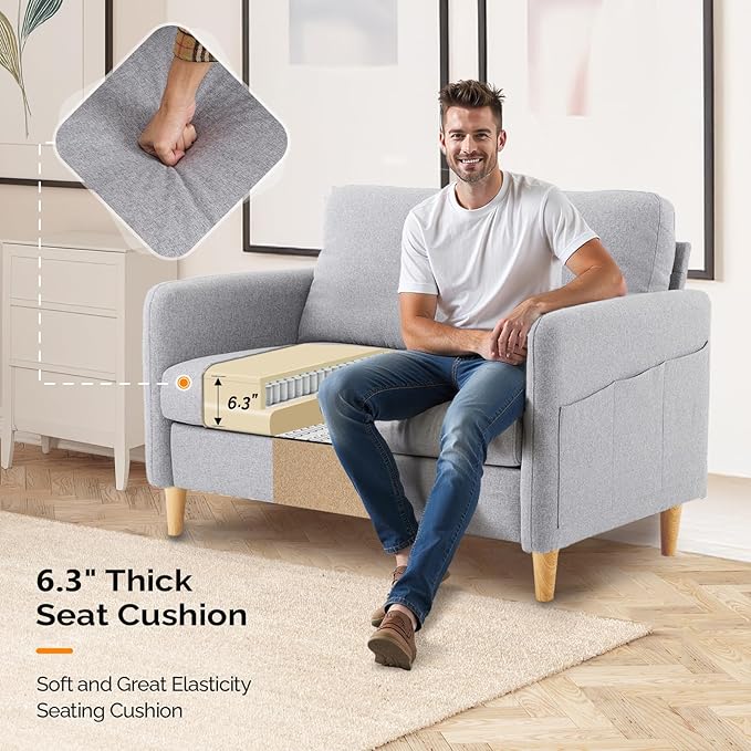 VINGLI 47 Small Couch Linen Loveseat Sofa Light Grey Mini Couch Mid Century Modern Decor Love Seat for Small Spaces Living Room Bedroom Play Room