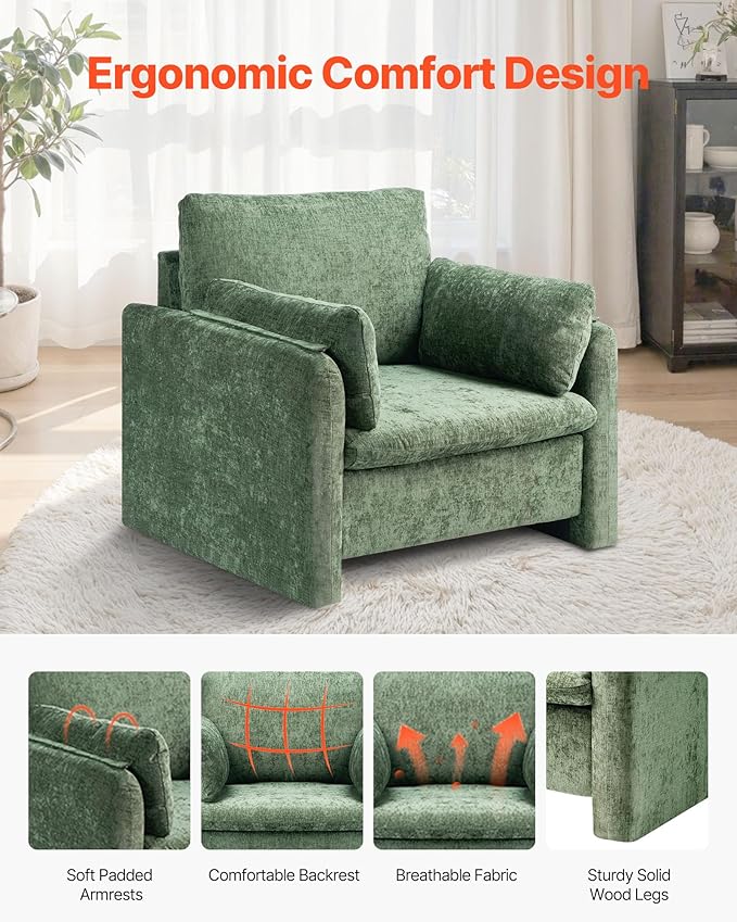 VEVOR Oversized Accent Chair Armchair with Padded Arms Comfy Single Sofa Chair Modern Reading Lounge Chairs for Living Room Bedroom Green