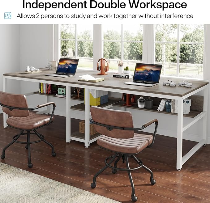Tribesigns Two Person Desk with Bookshelf 78.7 Computer Office Double Desk for Two Person Rustic Writing Desk Workstation with Shelf for Home Office (Gray/White)