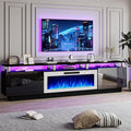 80 Modern Fireplace TV Stand with 36 Electric Fireplace for TVs Up to 90 inch Luxury LED Light Entertainment Center with High Gloss Cabinet Black + Silver Posts with White Fireplace