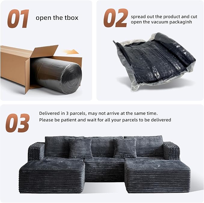 110 Modular Sectional Couch with 2 Movable Ottoman Cloud Sofa Couches for Living Room U Shaped Deep Seat Boneless SofaLuxury Corduroy Fabric No Assembly Required Grey