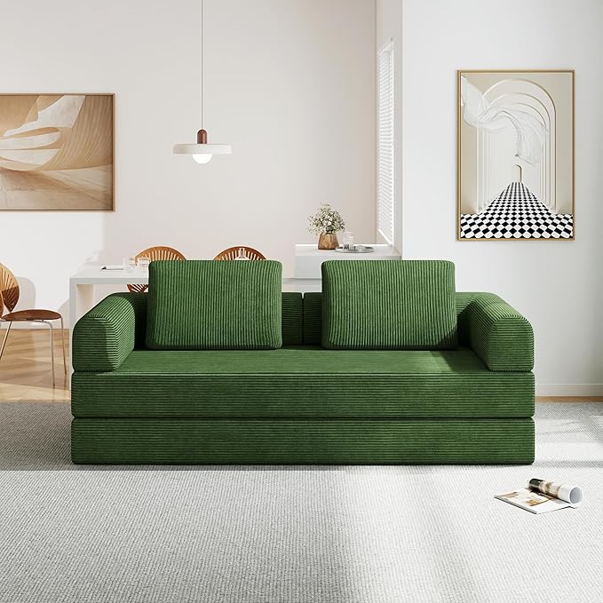 Convertible Sofa Bed 5-in-1 Pull-Out Futon Boneless Couch for Living Room &amp Guest Room Corduroy Sleeper Sofa with Steel Support Brackets 78.7 3-Seater with 2 Pillows (Jade)