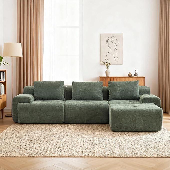 Large Ottoman 37 Inch Rectangle Footrest for Couch with Memory Foam and Chenille Upholstered Plush Floor Seating and Coffee Table for Living Room No Assembly Required Green