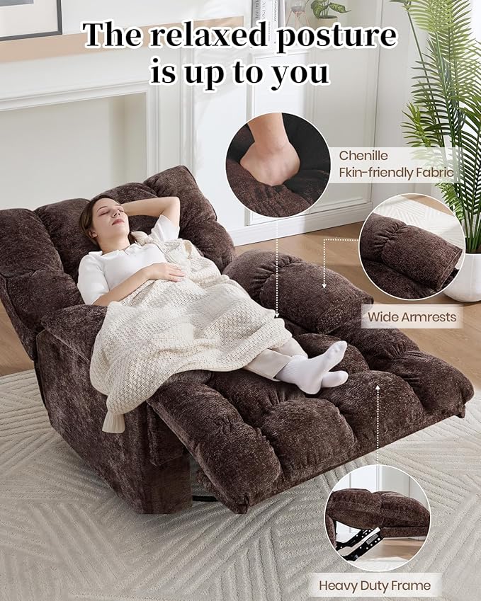 Oversized Power Swivel Rocker Recliner Chair for Big and Tall Electric Chenille Glider with USB Ports Extra Wide Overstuffed Reclining Sofa for Living Room Nursery 375lbs (Brown Power)