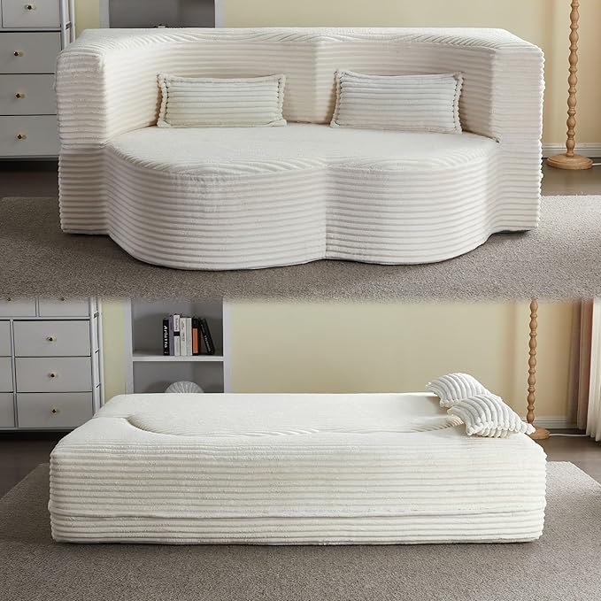 78” Corduroy Floor Sleeper Sofa Bed Modern 2 in 1 Full Size Foldable Mattress with 2 Pillows Convertible Boneless Couch with Deep Seat for Living Room No Assembly Required (Beige) | No Assembly Req