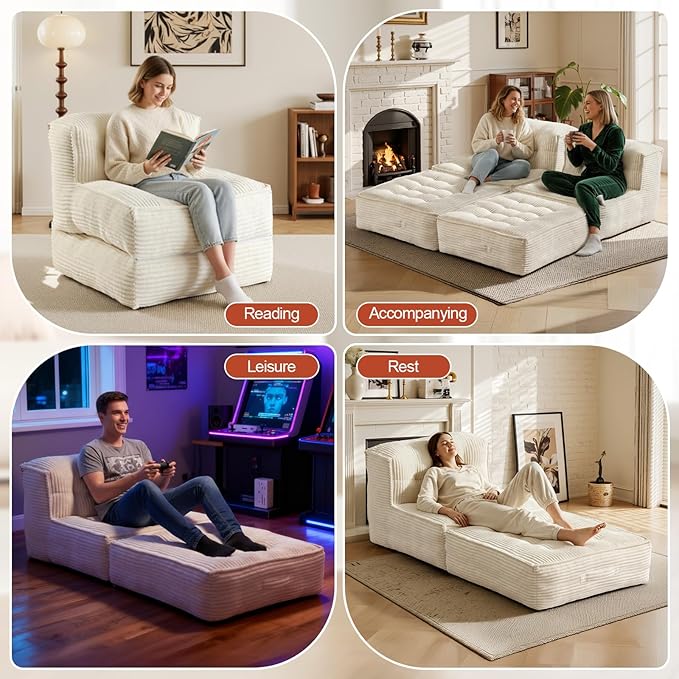Folding Sofa Bed 5-in-1 Convertible Sleeper Reading Chair Corduroy Futon Sofa Bed Foldable Mattress with Back Support Portable Fold Out Chair Bed Comfy Floor Lounge for Living Room Bedroom