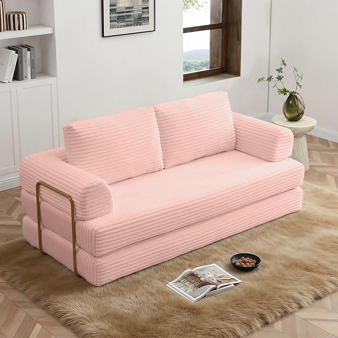 80 Convertible Sofa Bed Modern Corduroy Sleeper Sofa Folding Floor Couch with Golden Fixed-Shape Frame Pink Boneless Loveseat Sofas Bed for Living Room Bedroom No Assembly Needed