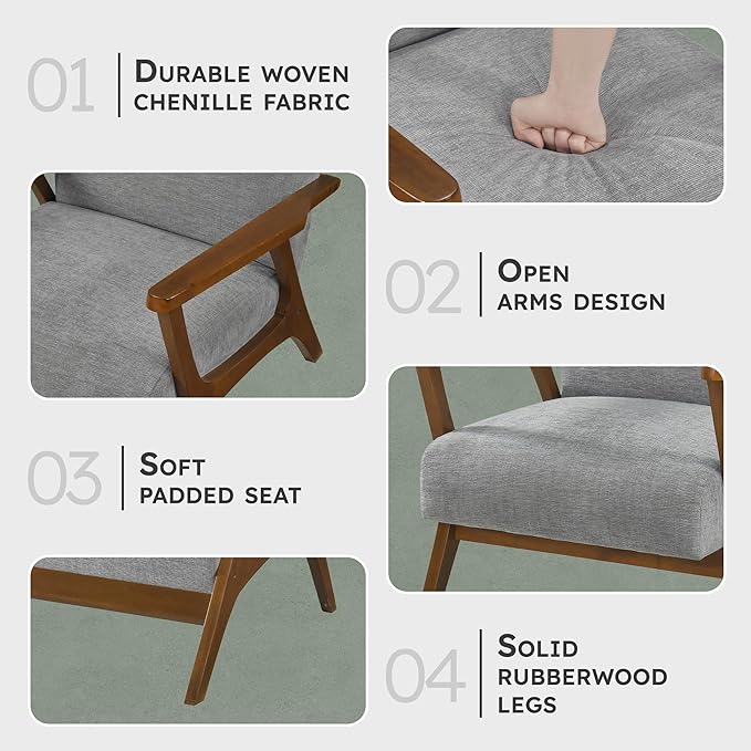Lexicon Mid-Century Modern Accent Chair Woven Chenille Fabric Lounge Chair Chestnut Solid Wood Frame Wide Arm Rest and Cushioned Comfort for Living Room/Office/Bedroom/Reading Nook Gray