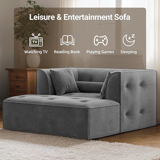 62 Chaise Lounge Chair IndoorDeep Seat Sleeper Sofa Cloud Couch with 3 Soft Pillows and OttomanComfy Cloud Seat for Living Room Apartment Office(Dark Grey Chaise Lounge+Ottoman)