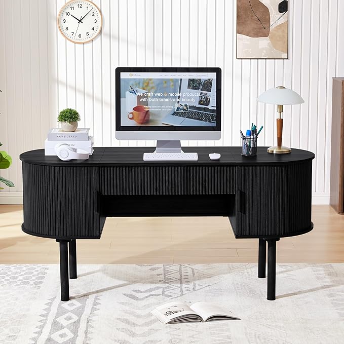 ORRD Home Office Oval Desk with Sliding Tambour Door and Drawer Modern Fluted Wood Executive Computer Storage Desk for Study Living Room Bedroom Office - Black