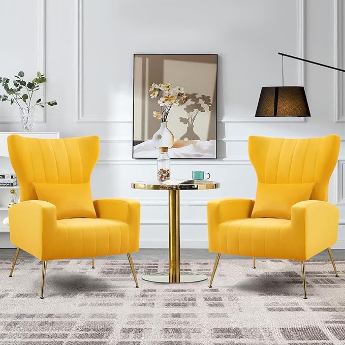 Modern Velvet Accent Chair with Arm &amp Wingback Living Room Bedroom Side Chair with Gold Metal Legs &amp Lumbar Pillow Channel Tufted Yellow