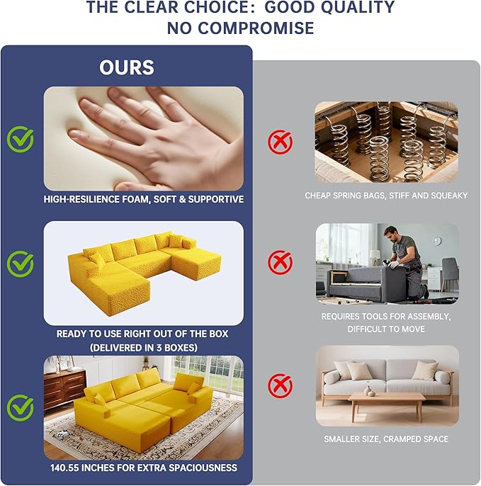 140 U-Shaped Modular Sectional Sofa for Living Room3 Seater Cloud Sectional Couch with Chaise LoungeDeep Seat with PillowsNo Assembly Required (Yellow)