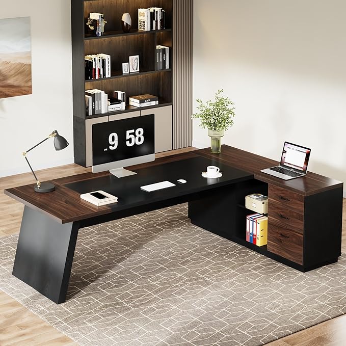 Tribesigns L-Shaped Executive Desk 78-Inch Large Office Desk with Drawers and Lateral File Cabinet Modern Business Furniture with Storage Shelves Workstation for Home Office (Walnut + Black)