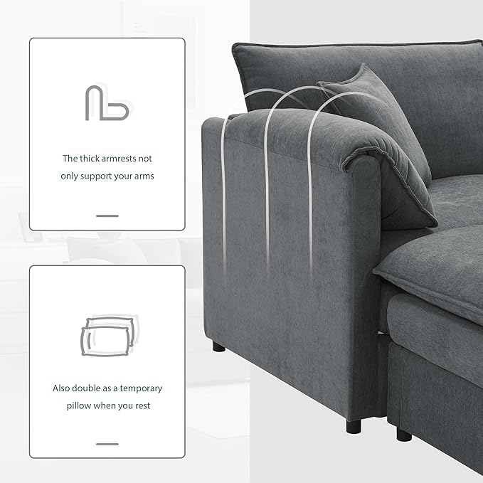 136 Chenille U-Shaped Modular Sectional Sofa with Deep and Wide SeatCloud Couch Set with Double Cushions6 Seat Sofa with Movable Ottomanfor Living Room Apartment Office (Dark Gray#h)