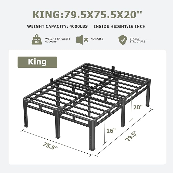 NKZ King Size Bed Frame 20 Inch Metal Bed Frame &amp Box Spring 2 in 1 Platform with Round Corner Legs 4000lbs Weight Capacity Reinforced Metal Frame Headboard Hole Noise-Free Easy Assembly