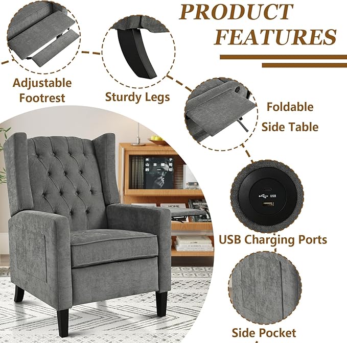 Wingback Recliner Chairs with Foldable Side Table&ampUSB Charging PortsMid Century Accent Single Sofa Small Recliner ChairModern Comfy Pushback Reclining Chair for Living Room (Polyester Grey)