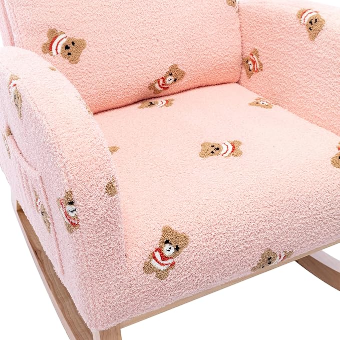 Nursery Chair 26.8 W Modern Rocking Chair for Nursery Mid Century Accent Rocker Armchair with Side Pocket Upholstered High Back Wooden Rocking Chair (Pink Boucle)