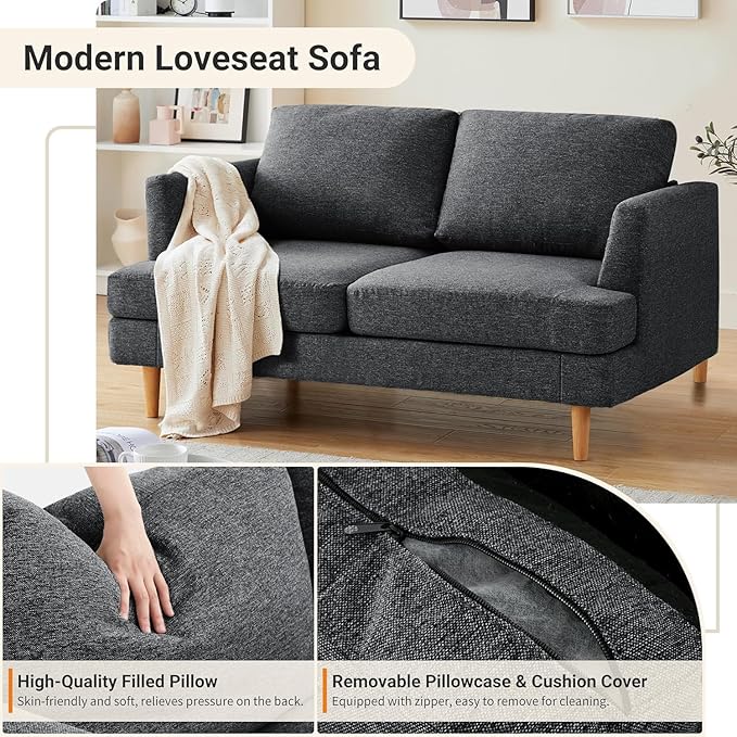 Loveseat Sofa 56 Mid Century Modern Small Couches for Small Spaces Love Seat with 2-Seat Upholstered Cushion Sofa Couches for Bedroom Living Room Apartment (Dark Grey)