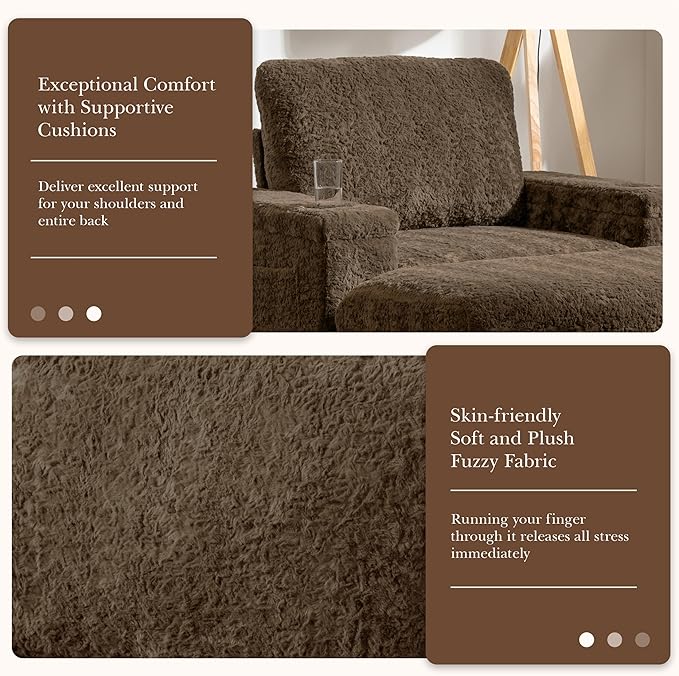 Furniliving 42‘’ Oversized Chair with Storage Ottoman Luxury Faux Rabbit Fur Single Sofa Couch with Cup Holder and Side Pockets Upholstered Chaise Lounge for Living Room Apartment Brown
