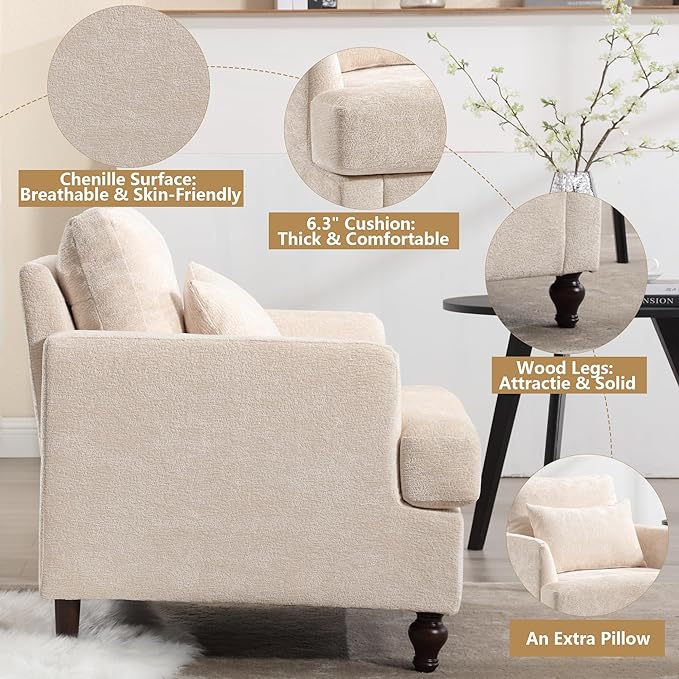 Mid Century Modern Accent Armchair for Living Room Chenille Fabric Single Sofa Chairs with Pillow Upholstered Cozy Side Reading Lounge Chair for Bedroom Club Office Apartment Beige