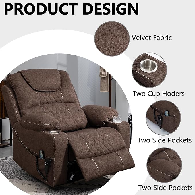 Large Power Lift Recliner Chair Sofa with Massage and Heat for Big and Tall ElderlyInfinite PositionsDual MotorCup HoldersExtended FootrestVelvet Home Theater Seat