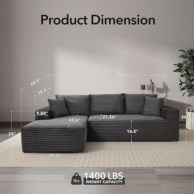 108'' Modular Sectional SofaComfy Cloud Couch with L Shaped ChaiseModern Deep Seat Boneless Couch for Living Room3 SeaterNo Assembly Required (Left-Facing ChaiseDark Gray)