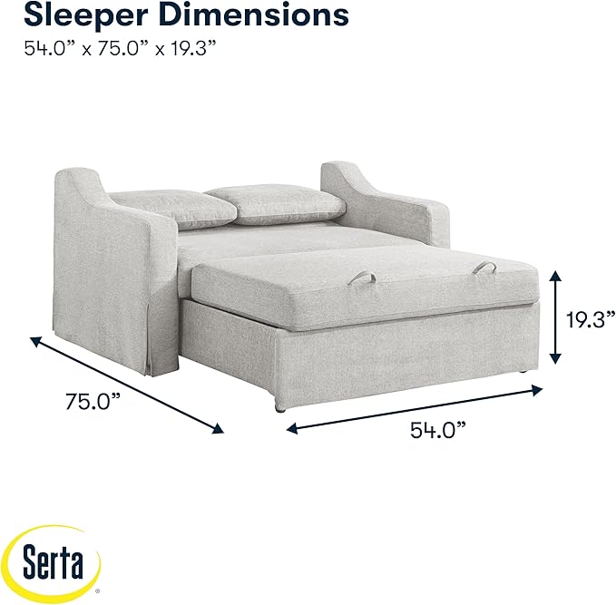 Serta Hawthorne 66.1 Slipcovered Convertible Sleeper Loveseat Full Size Dreamcoil Comfort FingerGuard Pinch Point Protection Polyester Tweed Fabric Linen