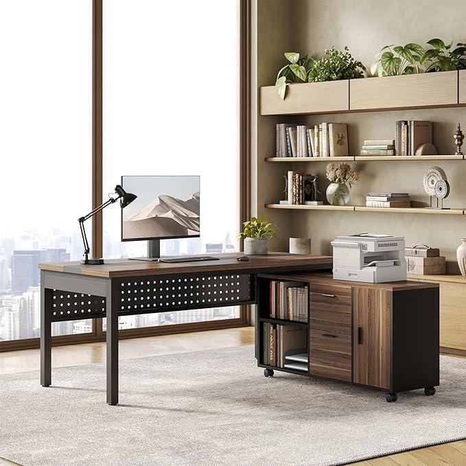 LITTLE TREE 70.8 Executive Desk with Lateral File Cabinet Modern Thickened Wooden Workstation L-Shaped Computer Desk Large Home Office Writing Desk for Home Office