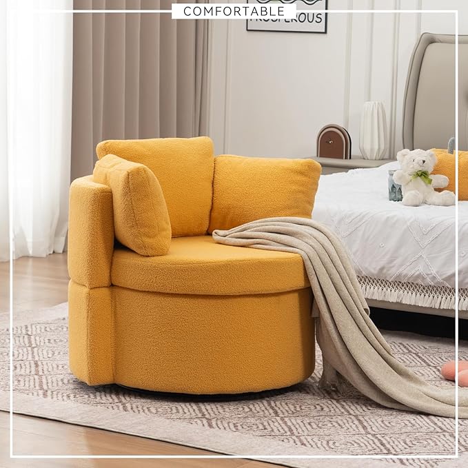 FOXHUNTER Swivel Barrel Chair 360 Degree Swivel Round Storage Chair with 3 Pillows Oversize Teddy Swivel Accent Chair Comfy Single Sofa Chair for Nursery Living Room Bedroom (Yellow)