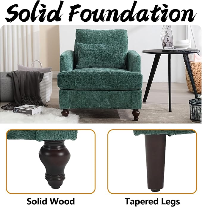 Oversized Accent Chair with Lumbar Pillow Upholstered Side Chairs for Living Room Bedroom Comfy Reading Chairs for Adults with Wide Seat Thick Cushion Soft Chenille (Emerald)