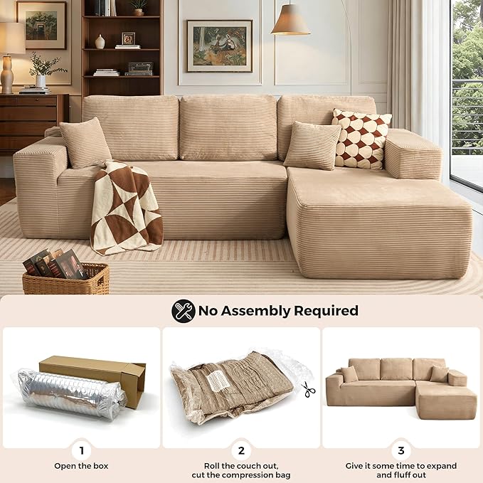 106 Cloud Sectional Couch with Chaise Lounge Deep Seat L Shaped Modern Modular Sleeper Sofa No Assembly Required Boneless Couches for Living Room (RightStripe CorduroyCamel)