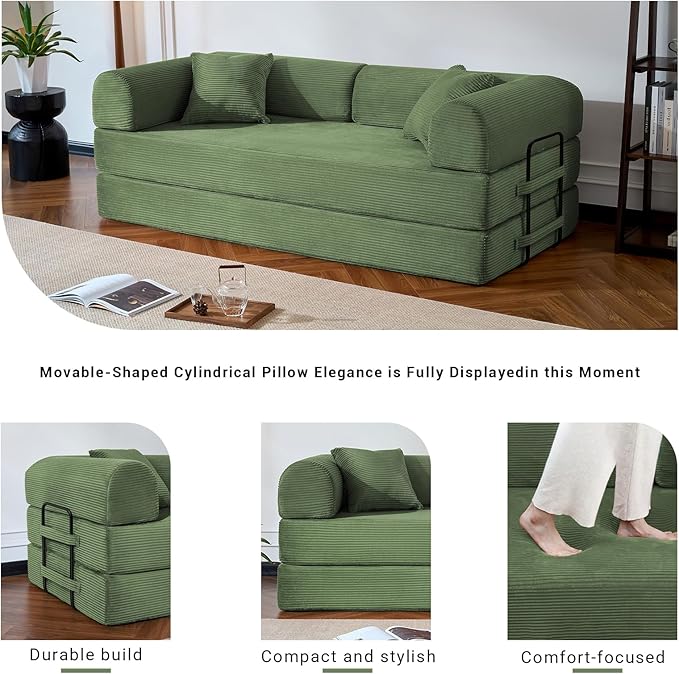 Compressed Sofa Convertible Sofa Bed Corduroy Compression Boneless Couch with Pillow Comfy Modular Foldable Floor Sleeper Sofa for Bedroom Living Room Lounge Studio (Olive Green)