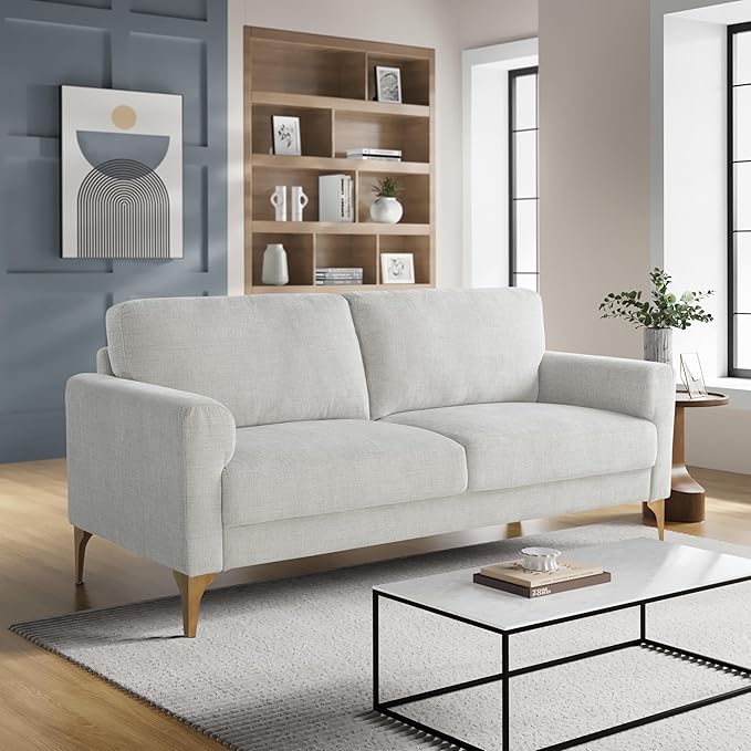 Studio Living® Matthew 75.6 Sofa Mid-Century Modern Pocket Coil Comfort Metal Brushed Bronze Legs Chenille Fabric Ivory
