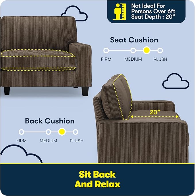Serta Palisades 78 Track Arm Sofa Easy Care Polyester Soft Pillow Back Pocket Coil Seat Cushions Removable Covers Loveseat or Couch for Small Spaces Living Rooms or Bedrooms Brown