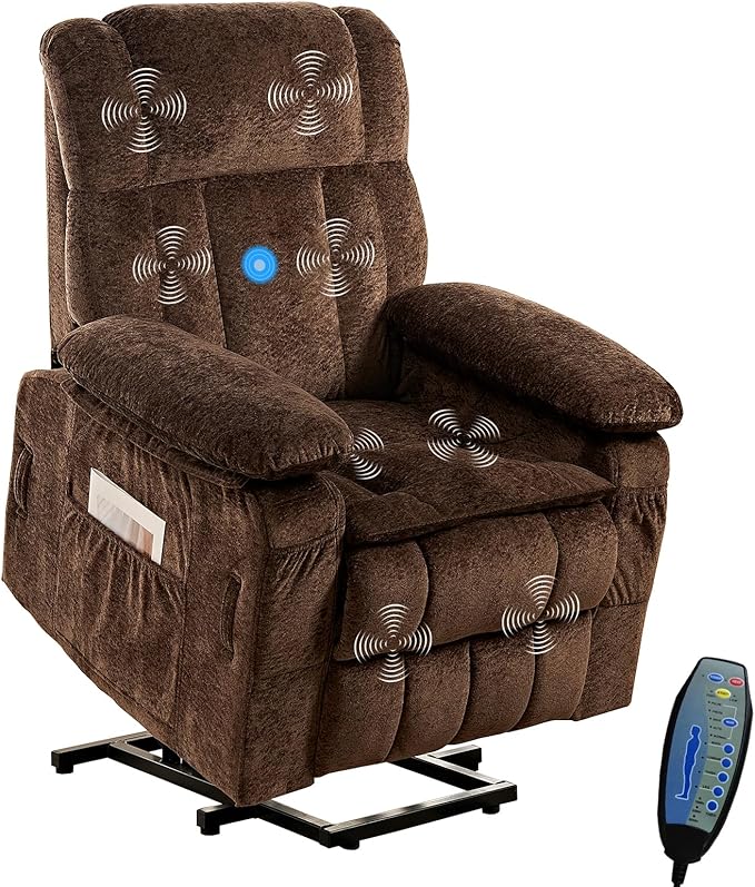 PUREMIND Power Lift Recliner Chair for Elderly Dual Motor Electric Recliner with Massage and Heat Ergonomic Massage Chairs with Side Pocket &amp Remote - Velvet Fabric Strong Support Brown