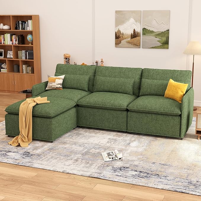 L Shaped Sectional Couch 94.5 Sectional Cloud Couch for Living RoomFluffy Modular Sofa with Textured Corduroy3 Seaters with OttomanPet-Friendly Comfy Modern Deep Seat Sofa SetGreen
