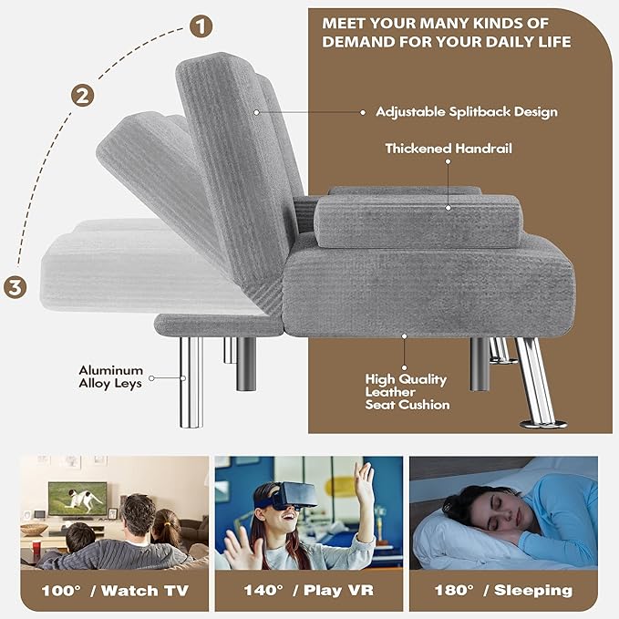 Homall Futon Sofa Bed Futon Couch with Removable Armrests Adjustable Recliner Sleeper Sofa Bed with Dual Cup Holders for Living Room Apartment Office (Corduroy Grey)