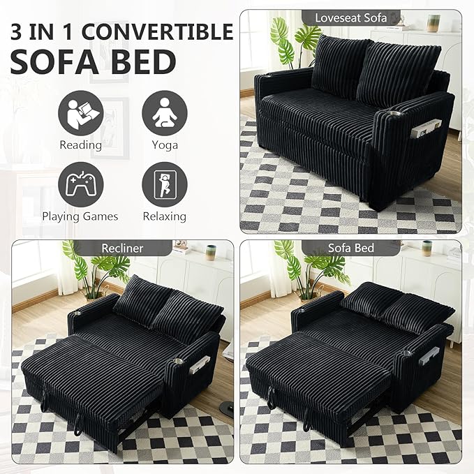 Hommoo Sleeper Sofa Couch with Pull Out Bed Convertible 3 in 1 Futon Lounge Sofa Small Love Seat for Living Room Apartment Comfy Corduroy Reclining Back with Cup Holder and USB Ports 53 Black