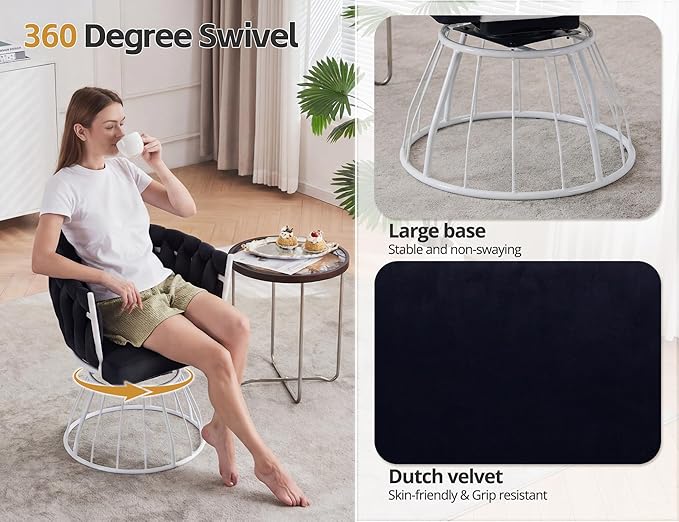 Mistpeople Swivel Weave Accent Chair Velour Upholstered Modern Chair with Woven Tufted Backrest for Living Room Bedroom Vanity Black