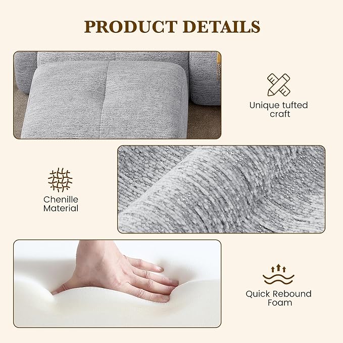 158 U Shaped Convertible Modular Couch Cloud Couch Sectional with Ottoman 6-Seater Chenille Boneless Couches for Living Room Apartment No Assembly Light Grey 1PCS