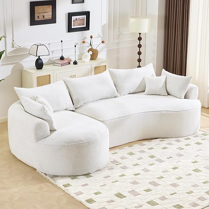 126” Oversized Curved Sectional Sofa L Shaped Chenille Boneless Couch with Deep Seat &amp 7 Pillows for Living Room Bedroom No Assembly Required (White)