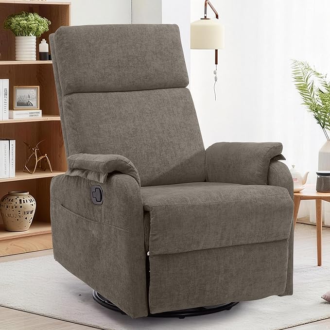 Recliner Chair Swivel Rocking Recliner Chair for Adults Glider Rocking Chair Small Nursery Chair Recliner for Living Room Reclining Chair with Modern-Designed Armrests Chenille Brown