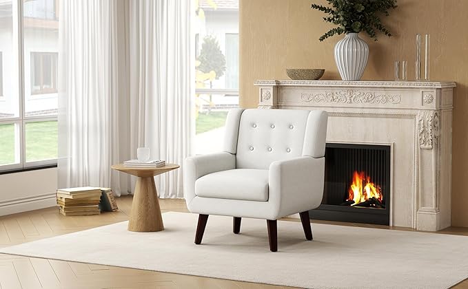 Accent Chairs Mid-Century Modern Upholstered Living Room Armchair Comfy Oversized Linen Fabric Single Reading Arm Chair with Tufted Back and Wood Legs for Bedroom Club (1 Beige)