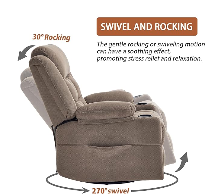 Swivel Rocker Recliner Chair for Adults with Massage and Heat Cup Holders and Side Pockets Glider Rocking Reclining Single Sofa Chair for Living Room (Coffee)