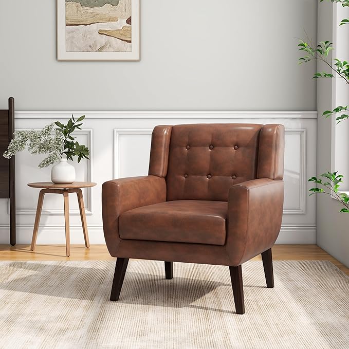 Accent Chair Mid-Century Modern Fabric Chairs with Arms for Living Room Comfy Upholstered Club Single Sofa Armchair for Bedroom Waiting Room with Solid Wood Frame
