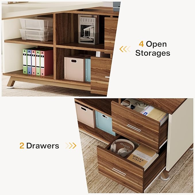 Tribesigns 78.7-Inch Executive Desk L-Shaped Desk with 55-Inch Cabinet Large Office Desk with Storage Shelves Modern Computer Desk for Home Office White &amp Walnut