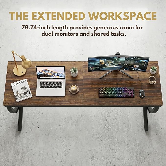 LITTLE TREE 2 Person Computer Desk 78.7-Inch Extra Long Large Office Desk for Home Office Shared Executive Desk for Two with Spacious Work Surface Rustic Brown and Black