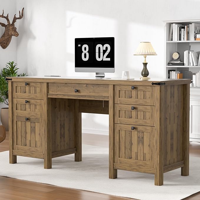 Executive Desk Modern Farmhouse Computer Desk with Drawers &amp Cabinet Home Office Desk for Work Study Writing Workspace (Light Brown 62)