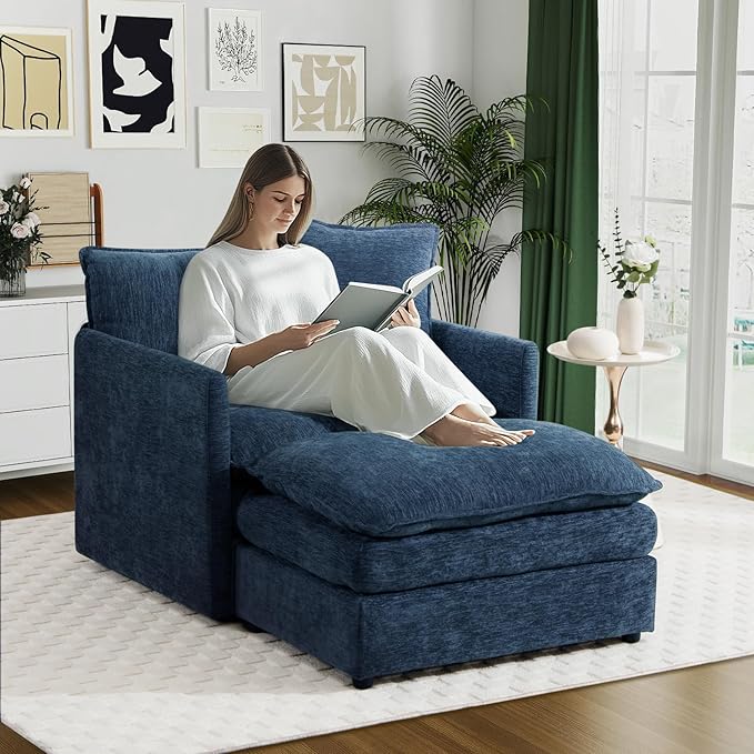 Oversized Accent Chair with Ottoman Modern Cloud Chaise Lounge Chair Indoor with Deep Seat Upholstered Comfy Armchair Reading Chairs Sofa for Bedroom Living Room Apartment Blue Chenille